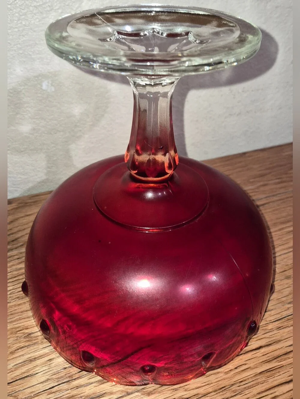 Vintage Indiana Glass Tear Drop compote dish w/ a ruby red bowl w/ Scalloped Rim